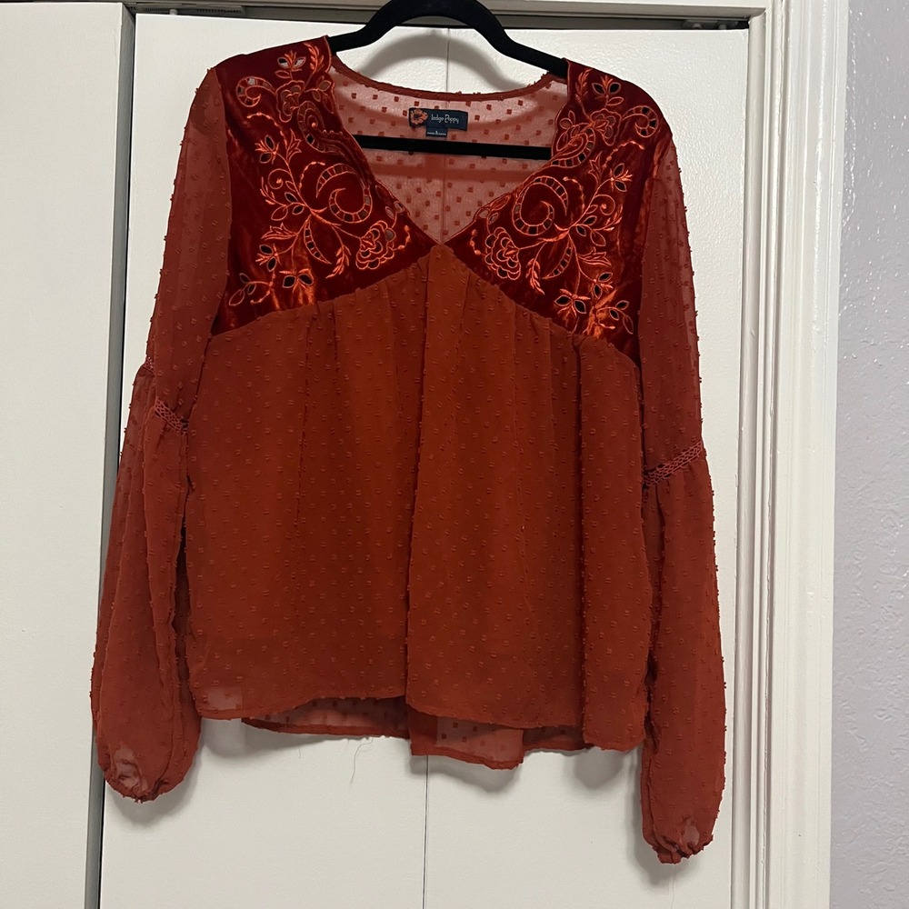 Indigo Poppy Boho Rust Orange Swiss Dot Sheer Blouse L | Velvet Trim V-Neck